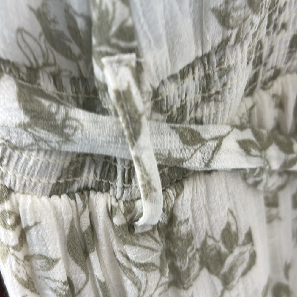 5. Mine Dress, white with green floral design spaghetti straps, elastic waist - Picture 6 of 11